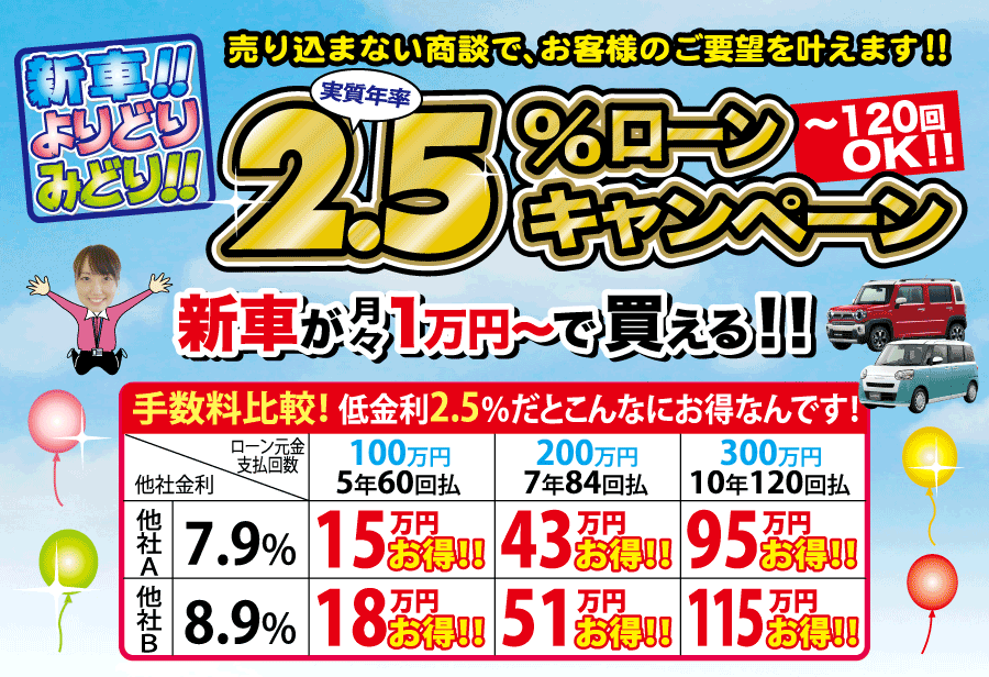 新車よりどりみどり。2.5%ローン