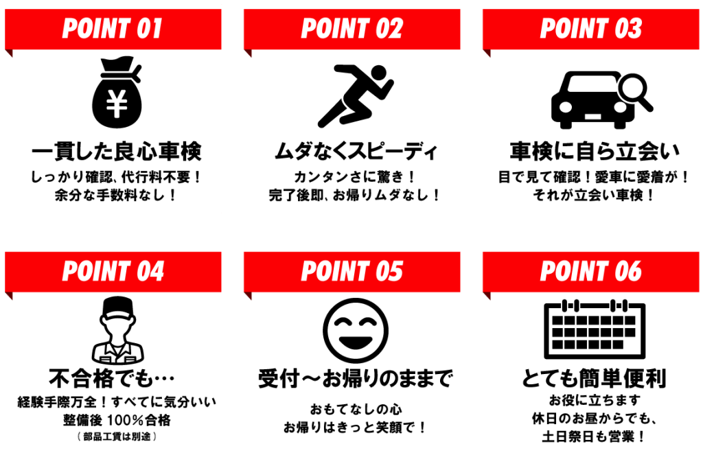 一貫した良心車検・・・しっかり確認、代行手数料不要!余分な手数料なし!
ムダなくスピーディ・・・カンタンさに驚き!完了後即、お帰りムダなし!
車検に自ら立会い・・・目で見て確認!愛車に愛着が!それが立ち合い車検!
不合格でも…・・・経験・手際万全!すべてに気分いい!整備後100%合格(部品工賃は別途)
受付~お帰りのままで・・・おもてなしの心、お帰りはきっと笑顔で!
とても簡単便利・・・お役に立ちます。休日のお昼からでも、土日祭日も営業!
