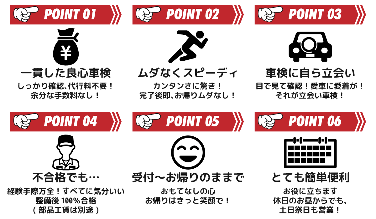一貫した良心車検・・・しっかり確認、代行手数料不要！余分な手数料なし！
ムダなくスピーディ・・・カンタンさに驚き！完了後即、お帰りムダなし！
車検に自ら立会い・・・目で見て確認！愛車に愛着が！それが立ち合い車検！
不合格でも…・・・経験・手際万全！すべてに気分いい！整備後１００％合格(部品工賃は別途)
受付～お帰りのままで・・・おもてなしの心、お帰りはきっと笑顔で！
とても簡単便利・・・お役に立ちます。休日のお昼からでも、土日祭日も営業！