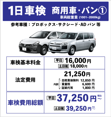 一日車検商用車バンⅠ平日基本料金16,000円：総計37,250円～｜土日祝基本料金18,000円：総計39,250円～