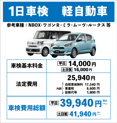 一日車検軽自動車平日基本料金14,000円：総計39,940円～｜土日祝基本料金16,000円：総計41,940円～