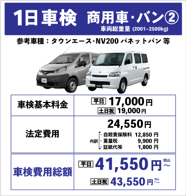 一日車検商用車バンⅡ平日基本料金17,000円：総計41,550円～｜土日祝基本料金19,000円：総計43,550円～