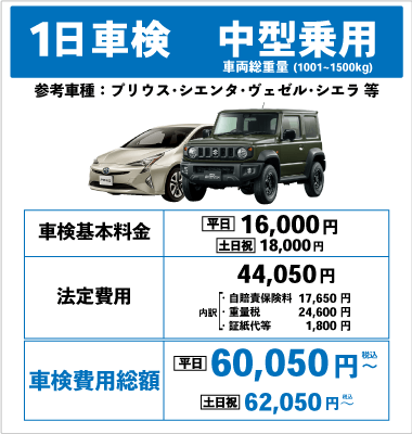 一日車検中型乗用車平日基本料金16,000円：総計60,050円～｜土日祝基本料金18,000円：総計62,050円～