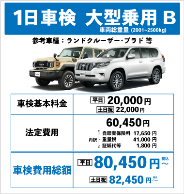 一日車検大型乗用車Ｂ平日基本料金20,000円：総計80,450円～｜土日祝基本料金22,000円：総計82,450円～