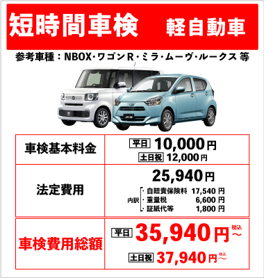 短時間車検(軽自動車)車検基本料金10,000円 +法定費用25,940円 合計35940円(税込)~ 土日祝は車検基本料金12,000円+法定費用25,940円合計37,940円(税込)~